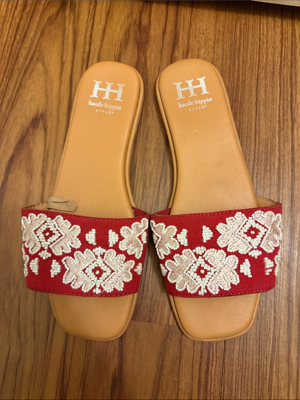 Haute Hippie Red & Cream Embroidered Slide Sandals - Picture 2 of 3